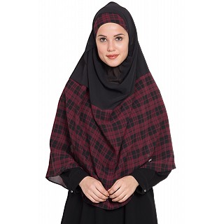 Checkered Instant Hijab- Black-Maroon